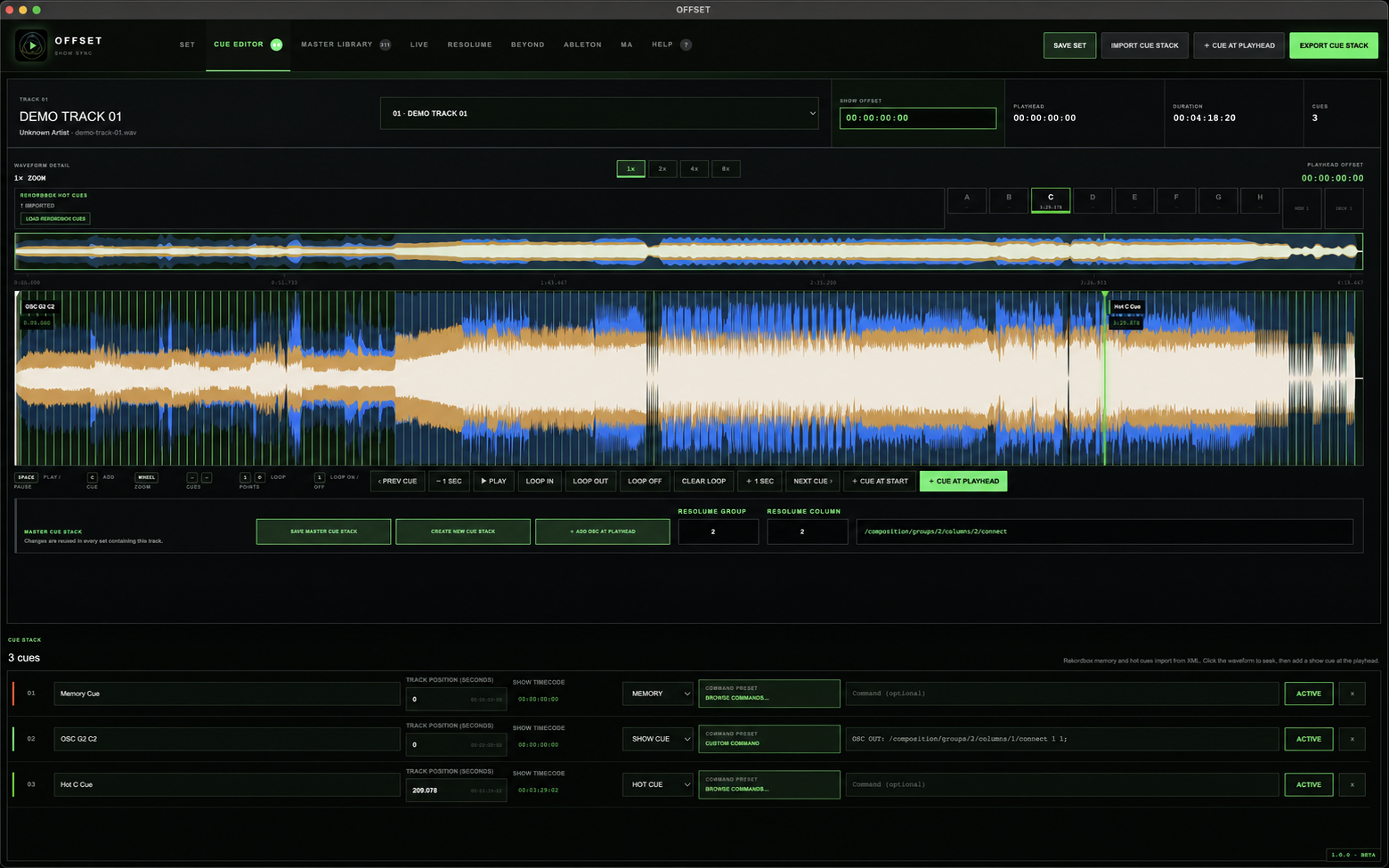 OFFSET CUE EDITOR workspace with a fictional demo track name
