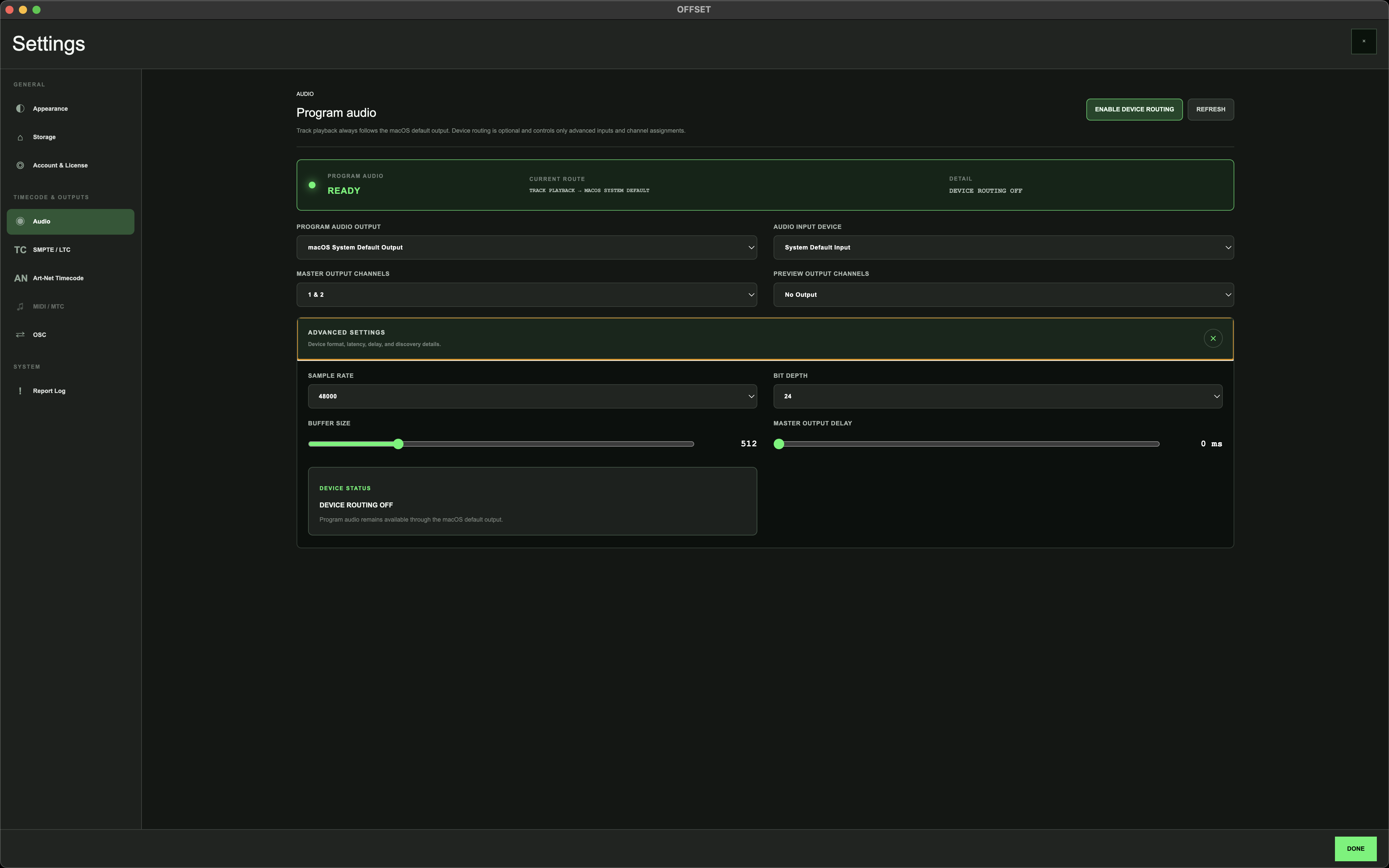 OFFSET program audio settings