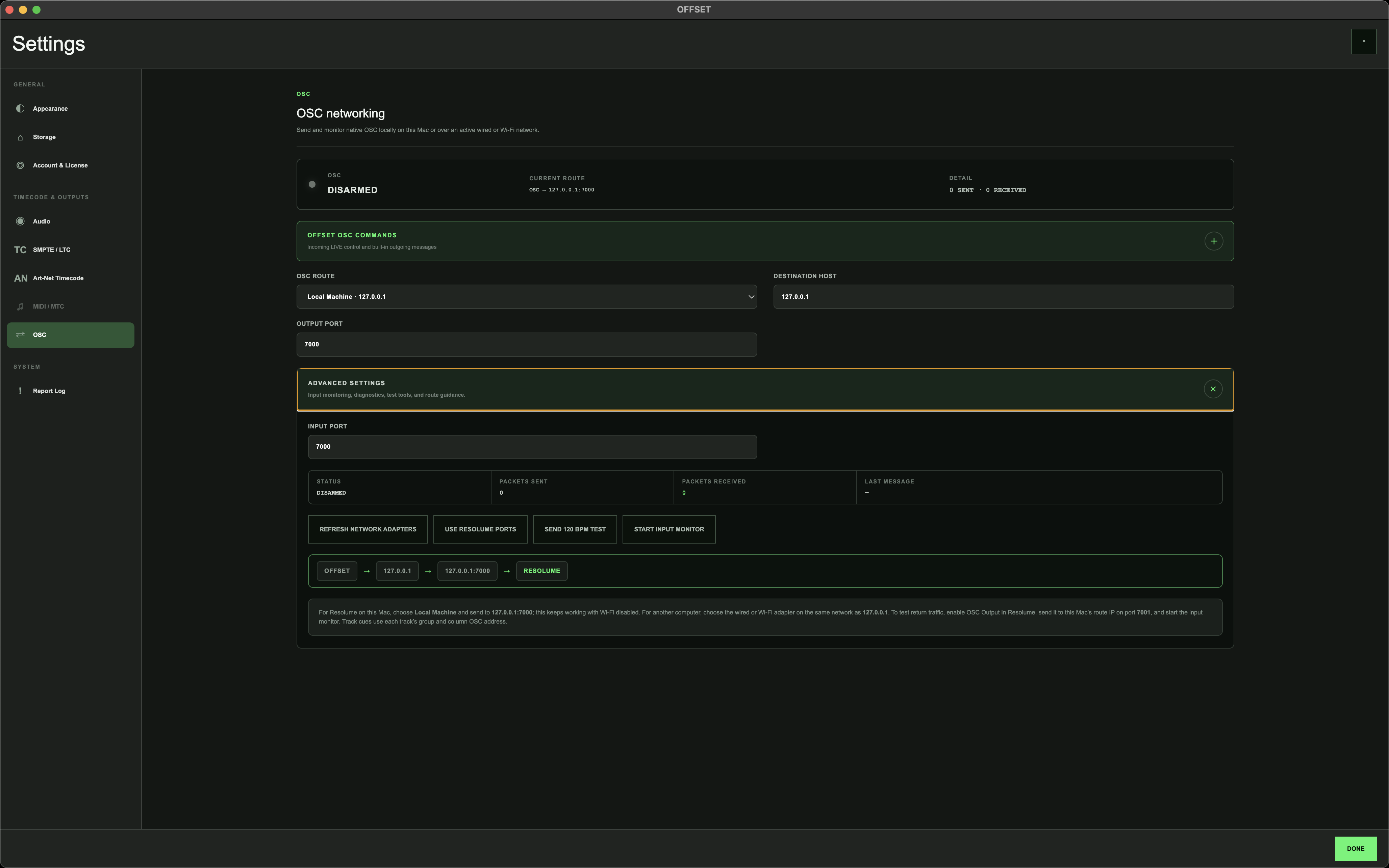 OFFSET OSC networking settings