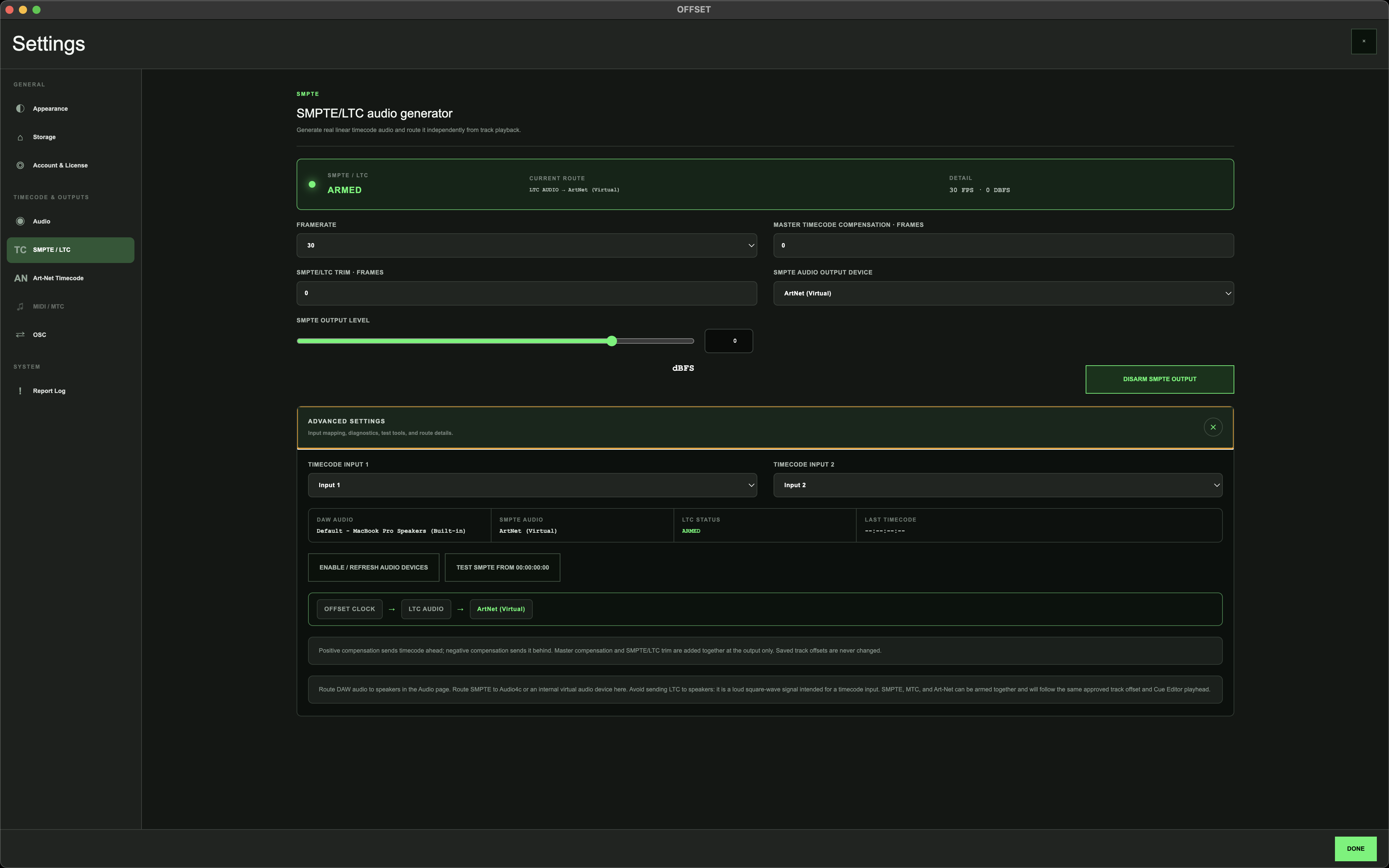 OFFSET SMPTE LTC audio generator settings